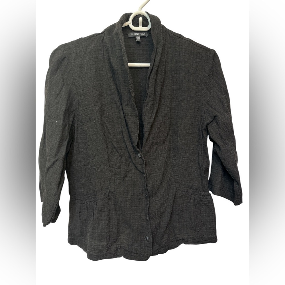Eileen Fisher Jacket Linen Viscose Button-Up Lagenlook Pockets Gathered Back